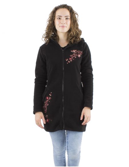 Chaqueta longue malla poliester polar con capucha bordado flores