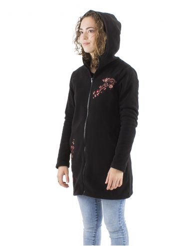 Chaqueta longue malla poliester polar con capucha bordado flores