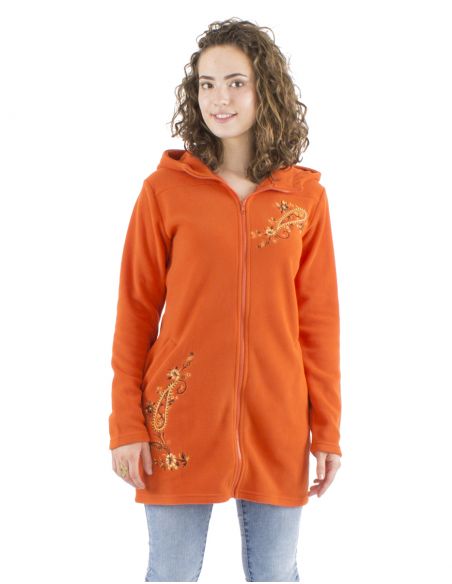 Chaqueta longue malla poliester polar con capucha bordado flores
