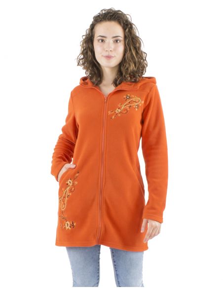 Chaqueta longue malla poliester polar con capucha bordado flores