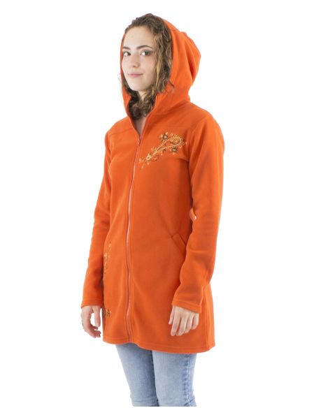 Chaqueta longue malla poliester polar con capucha bordado flores