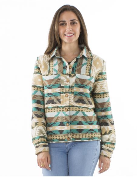 Chaqueta 83% algodon 17% acrilico 2 bolsillos estampado geometrico