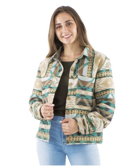 Chaqueta 83% algodon 17% acrilico 2 bolsillos estampado geometrico