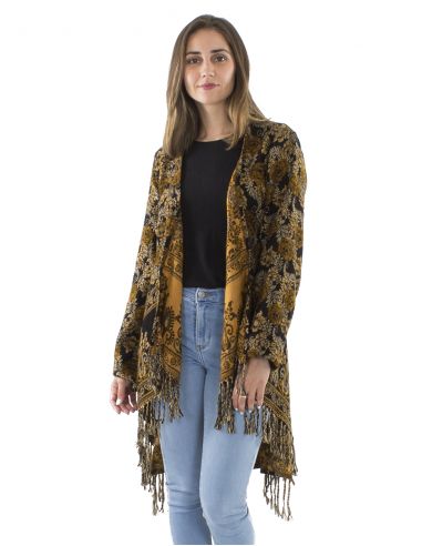 Chaqueta acrilico cruzada flecos jacquart triangulo