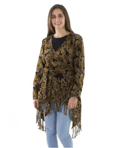 Chaqueta acrilico cruzada flecos jacquart triangulo