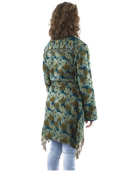 Chaqueta acrilico cruzada flecos jacquart triangulo