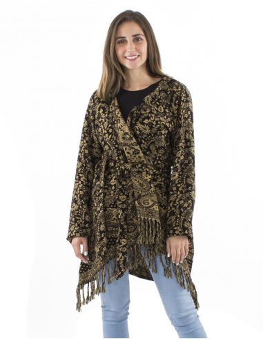 Chaqueta acrilicocruzada flecos jacquartcachemir