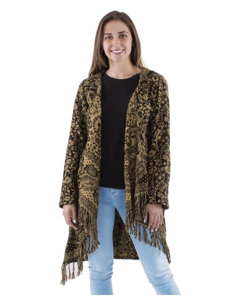 Chaqueta acrilicocruzada flecos jacquartcachemir