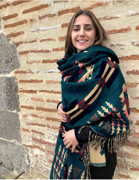 Chal  acrilico flecos jacquart geometrico