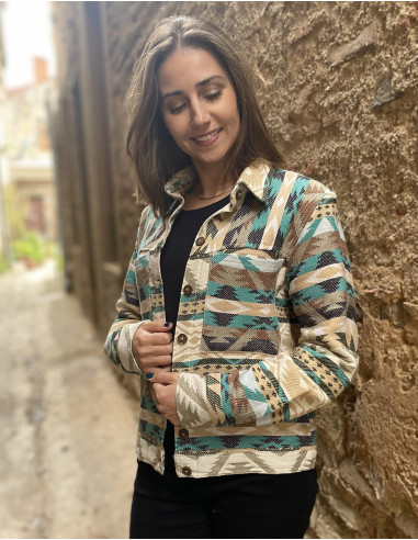 Chaqueta 83% algodon 17% acrilico 2 bolsillos estampado geometrico