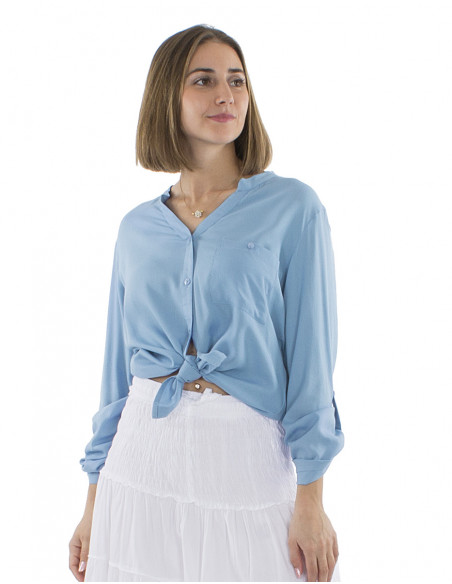 Blusa viscosa lisa con botones mangas largas