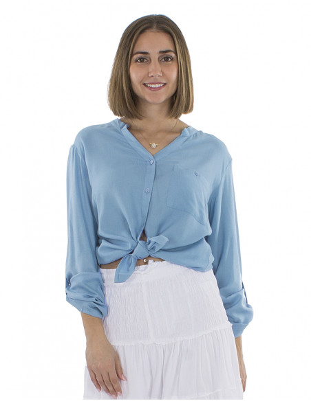 Blusa viscosa lisa con botones mangas largas