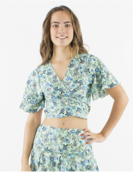 Top poliester mangas cortas sari estampado surat