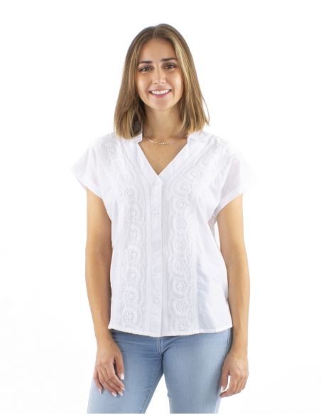 Blusa algodon blanco con botones encaje cuello