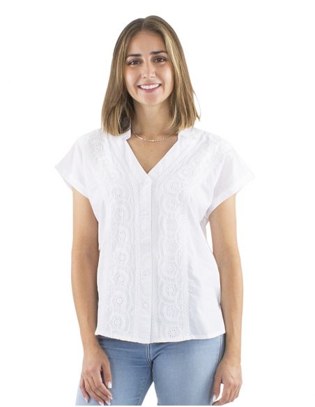 Blusa algodon blanco con botones encaje cuello