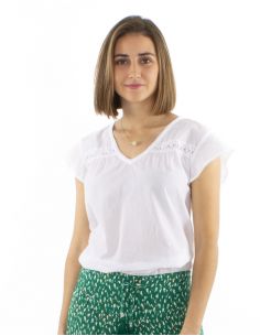 Blusa algodon blanco pequeñas mangas encaje busto