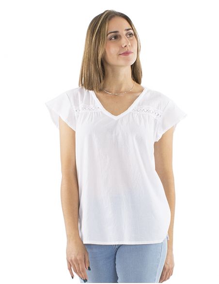 Blusa algodon blanco pequeñas mangas encaje busto