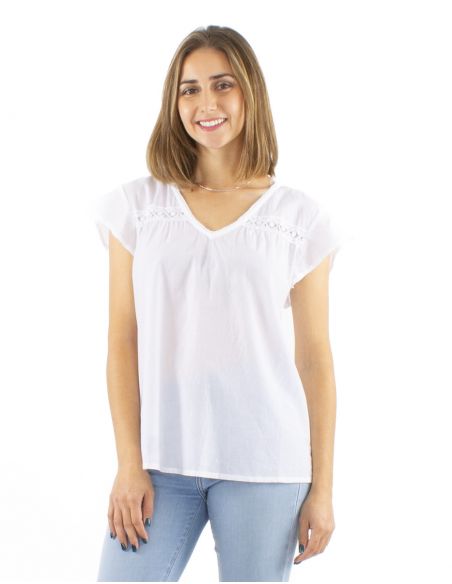 Blusa algodon blanco pequeñas mangas encaje busto