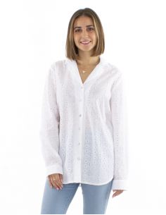 Blusa algodon lisa encaje mangas largas cuello camisa