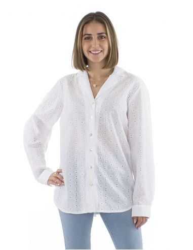 Blusa algodon lisa encaje mangas largas cuello camisa