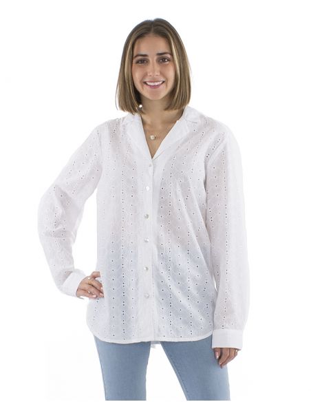 Blusa algodon lisa encaje mangas largas cuello camisa