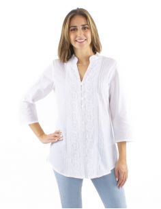 Blusa algodon bordado blanco mangas 3/4