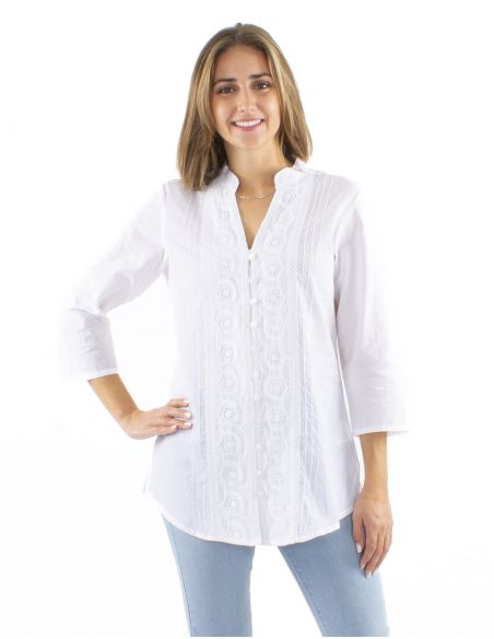 Blusa algodon bordado blanco mangas 3/4