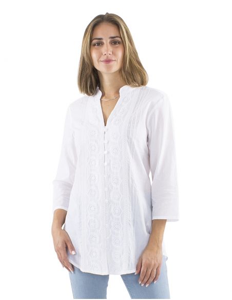 Blusa algodon bordado blanco mangas 3/4