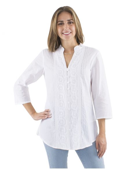 Blusa algodon bordado blanco mangas 3/4