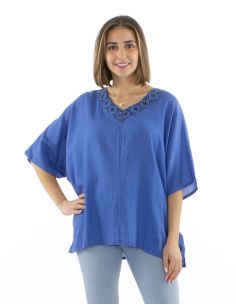 Blusa algodon mousse lisa cuello en v estampada