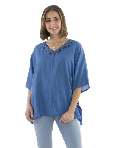 Blusa algodon mousse lisa cuello en v estampada