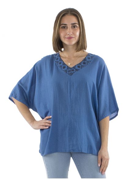 Blusa algodon mousse lisa cuello en v estampada