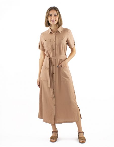 Vestido largo 54% lino 46% viscosa con botones mangas cortas