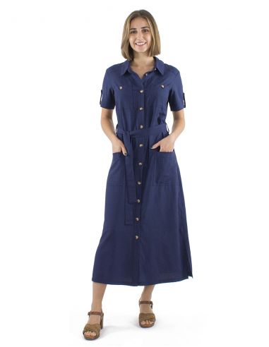 Vestido largo 54% lino 46% viscosa con botones mangas cortas