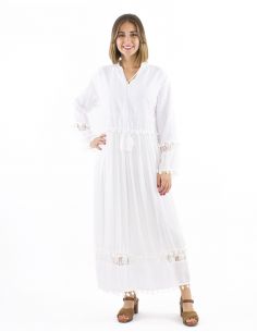 Vestido largo viscosa mangas largas con pompones