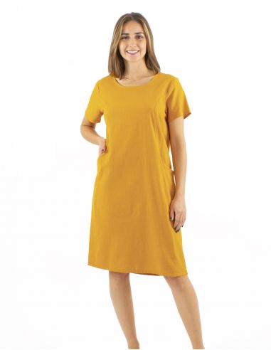 Vestido algodon liso mangas cortas bolsillos sw