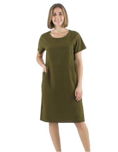 Vestido algodon liso mangas cortas bolsillos sw