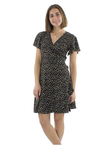 Vestido viscosa cruzado estampado Felino mangas cortas