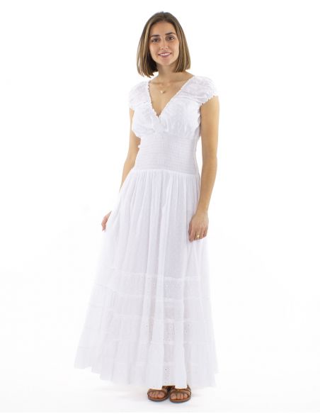 Vestido algodon blanco bordado doblado elastico cinturon
