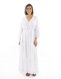 Vestido algodon blanco bordado doblado mangas 3/4