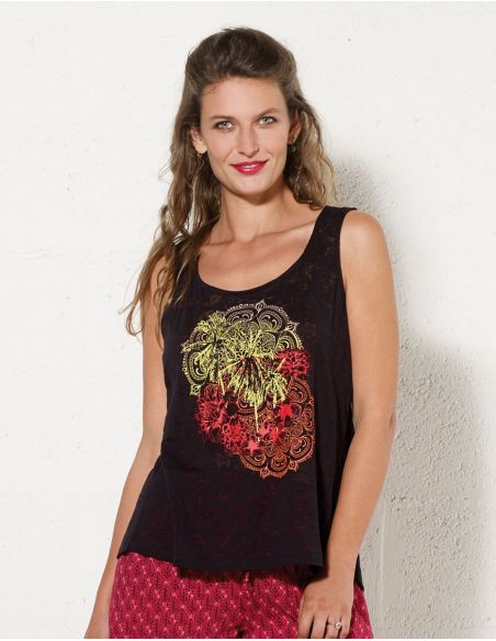 Camiseta 60% algodon 40% poliester devore con estampado sin mangas 