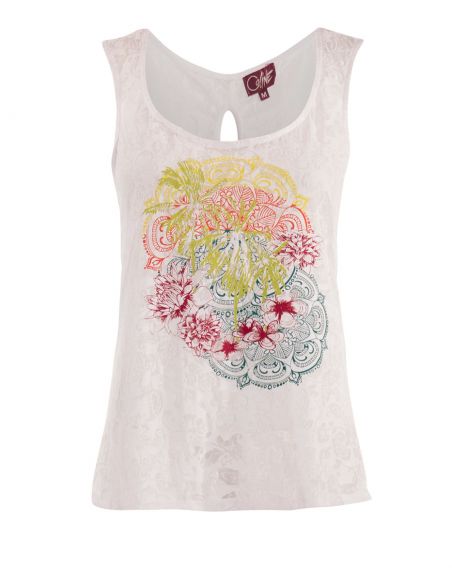 Camiseta 60% algodon 40% poliester devore con estampado sin mangas 