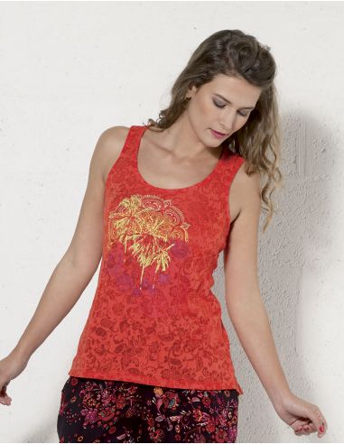 Camiseta 60% algodon 40% poliester devore con estampado sin mangas 