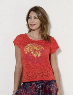 Camiseta 60% algodon 40% poliester devore con estampado mangas cortas 