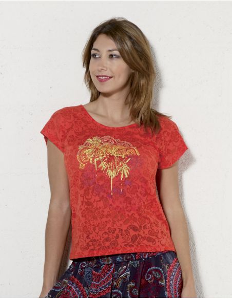 Camiseta 60% algodon 40% poliester devore con estampado mangas cortas 