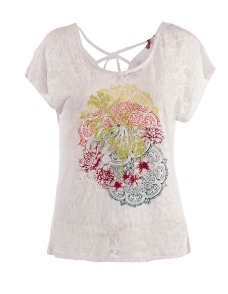 Camiseta 60% algodon 40% poliester devore con estampado mangas cortas 