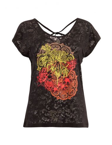 Camiseta 60% algodon 40% poliester devore con estampado mangas cortas 