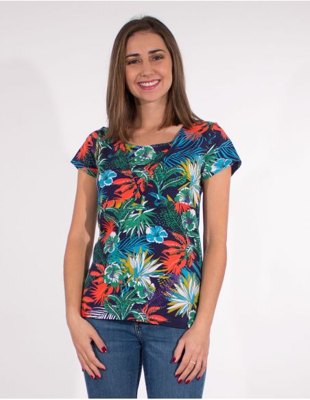 Camiseta 97% algodon 3% elastano mangas cortas estampado vegetal