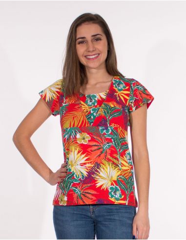 Camiseta 97% algodon 3% elastano mangas cortas estampado vegetal