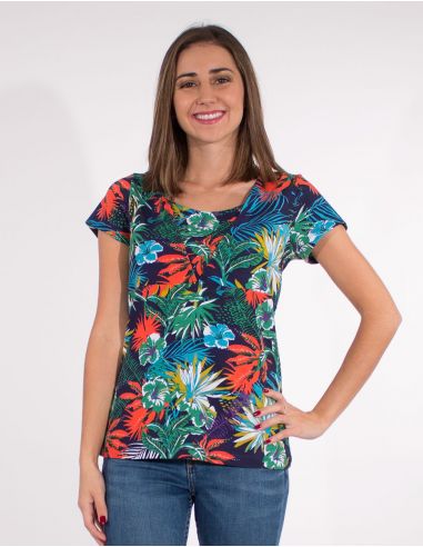 Camiseta 97% algodon 3% elastano mangas cortas estampado vegetal